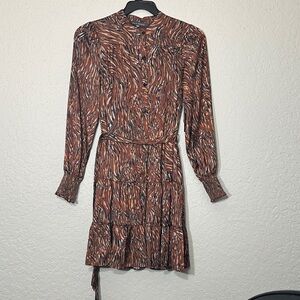 Printed Brown Tiered Long-Sleeve Dress